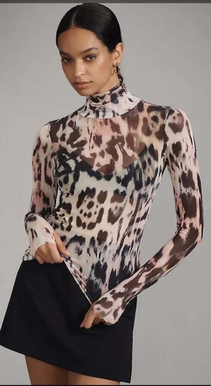 AFRM by REVOLVE Sz XL Zadie Power Mesh Long Sleeve Leopard Print Turtleneck